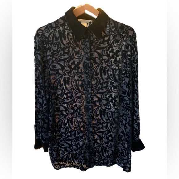 Annie Alexander Tops - BLOUSE Vintage Black Velvet Burnout/Sheer/Velvet Scroll Pattern Annie Alexander